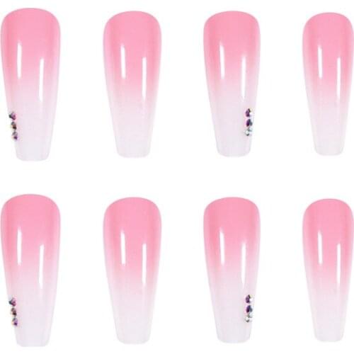 Fake Nails Long Gradient Pink Rhinestone Nail Stickers Finished Nail Stickers 24 Nail Stickers With Glue SANA889