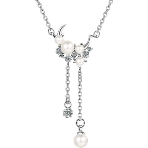 Quality 925 Sterling Silver Necklace For Women Jewelry Trendy Crystal Pearl Moon Pendant Necklace Female Gold Choker Accessories