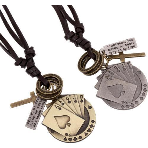 Punk Rock Hippie Men Necklace Long Genuine Leather Chain Alloy Poker Circle Pendants Women Adjustable Cross Fashion Jewelry Gift