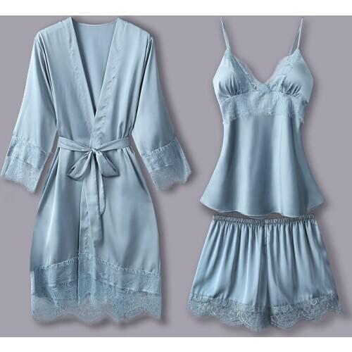 New Women Pajamas Sets Satin Sleepwear Silk 3 Pieces Nightwear Pyjama Spaghetti Strap Lace Sleep Lounge Pijama With Chest Pads