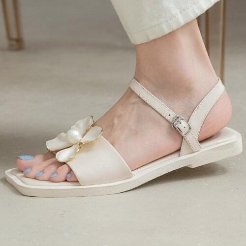 Womens genuine leather beading flower decoration slip-on flats sandals korean style sweet ladies casual summer daily footwear