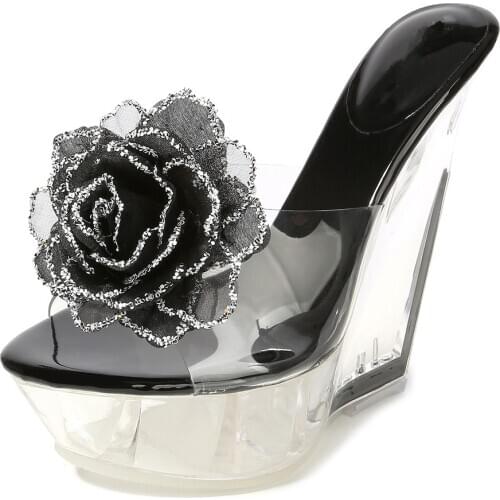 SDTRFT Summer ladies Nightclub shoes woman sandals Transparent Flowers Platform 14cm High-Heeled Wedges Peep Toe Cute Slipper