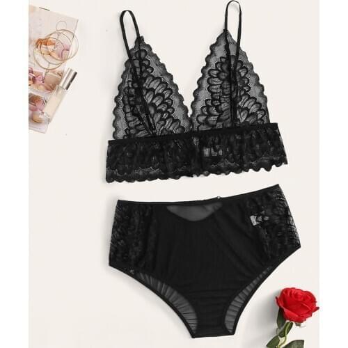 Sexy Lace See-Through Erotic Lingerie Sets Womens Underwear Embroidery No-rims Lace Bra Thong Plus Size Transparent Lingerie