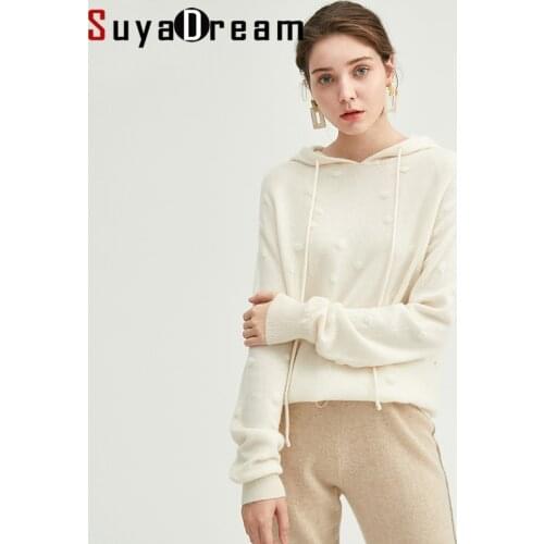 SuyaDream Women Hooded Sweaters 100%Cashmere Dots Jacquard White Pullovers 2021 Fall Winter Top