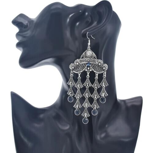 Afghan Vintage Metal Rhinestone Long Tassel Hanging Earrings for Women Boho Indian Jhumka Big Statement Earring pendientes Gift
