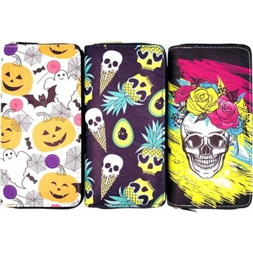 W760 KANDRA 2020 Halloween Purse for Women Cartoon Pumpkin Skull Print Zipper Long Wallet Cards Holder Christmas Bag Wholesale