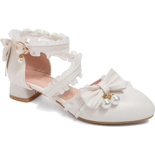 Japanese Soft Sister Sweet Lace Bowknot Girl Patent Leather Round Toe Buckle Strap Princess Sandals for Girls