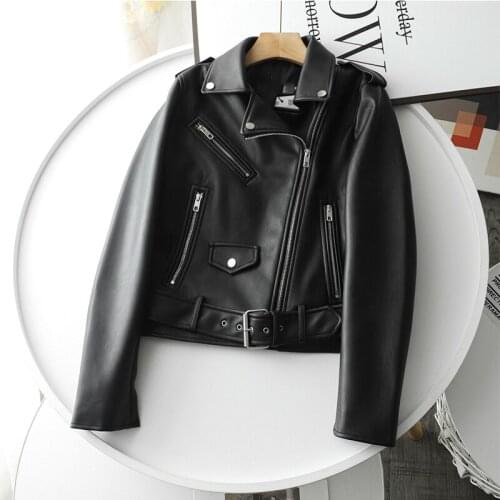 Trendy New Spring Women Streetwear Biker Leather Jacket Slim Fit Turn Down Collar Coat Outwear with Belt Black Pu Faux Leather