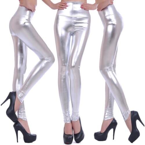 2021 Women Shiny Silver Gold Leggings High-Waisted Faux Leather Stretch Pencil Pants