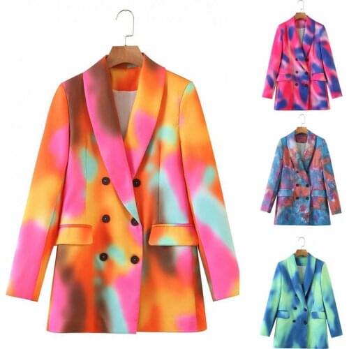 Stylish Double Breasted Lapel Women Blazer Skin-friendly Comfy Autumn Winter Long Sleeve Tie Dye Suit Coat Outerwear for Office