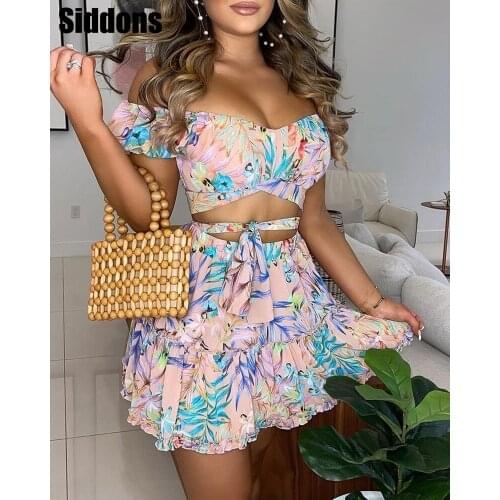 Women Off Shoulder Floral Print Top & Frill Hem Skirt Set Ruffles Tied Vacation Casual Cute Clothing 2PCS Suit