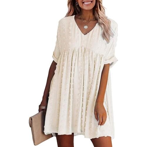 2021 Summer short sleeve mini dress Womens Casual High Waist Dot Mesh V-Neck Solid Color Short Sleeve beach dress Vestidos