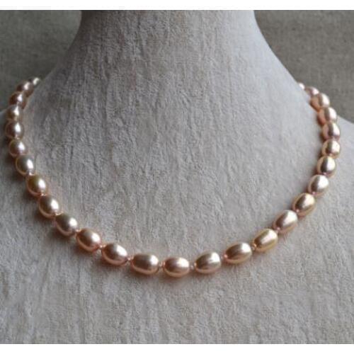Unique Pearls jewellery Store Pink Color 8MM Rice Genuine Freshwater Pearl Necklace Bridesmaids Women Gift Women Jewelry