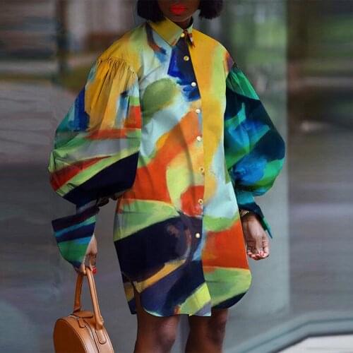 Retro Dress Women Floral Tie Dye Print Long Lantern Sleeve Loose Mini Dresses Single Breasted Lapel Neck Button Dress Vestidos