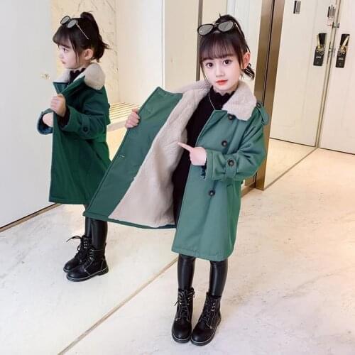 2021 New Girls Winter Clothes Thick Lamb Wool Coat Mid-Length Middle-Aged Kids Pie Overcoming Zipper Stand-Up Collar