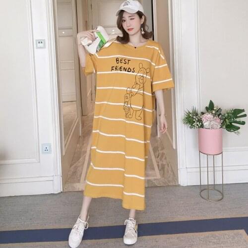#2382 Yellow Striped Printing T-shirts Dresses Large Size Short Sleeve O-neck Summer Dress Female Casual Loose Cotton Dresses