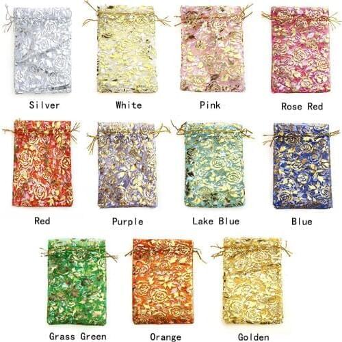 50Pcs 11color Mix Love heart Rose Organza Bags Christmas Wedding voile gift bag with candy Jewelry packing