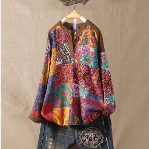 5XL Plus Size Print Ladies Tops Long Sleeve Cotton Womens Clothing O-Neck Button Womens Blouses Loose Vetement Femme 2020 blusa