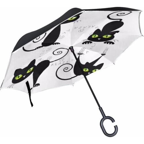 Business Type Cute Black Cat Double Layer Car Reverse Umbrellas Women Men Windproof Wicked Kitten Inverted Umbrella