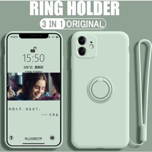 Luxury Soft Liquid Silicone Case For iPhone 13 12 Pro 11 Pro Max XS X 7 8 XR SE 2020 Stand Ring Holder Thin Hands Strap Cover