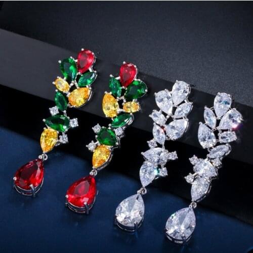 CWWZircons Designer Multicolor Cubic Zirconia Leaf Flower Dangle Water Drop Long Ladies Fashion Wedding Party Earrings CZ631