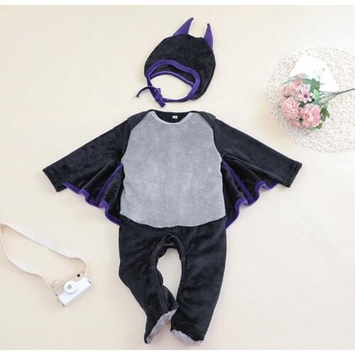 2021 Children Kids Halloween Party Bat Costume Set Newborn Toddler Infant Baby Boys Girls Velvet Cosplay Footed Romper With Hat