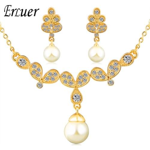 ERLUER Fashion Cystal Jewelry Sets Classic Big Simulated Pearl Casual Party Luxury Wedding Earrings and Necklace Gift for Women