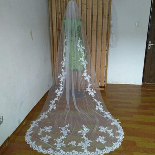 Veu De Noiva Handmade White Ivory 1T 3M Appliques Lace Edge Cathedral Wedding Veil With Comb Velos De Novia
