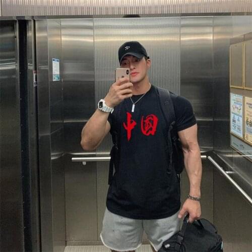 Brand Mens Gym Summer Cotton Fashion Extend Hip Hop Trend Print Tops Muscle Clothing Bodybuilding Fitness Short Sleeve T-shirt