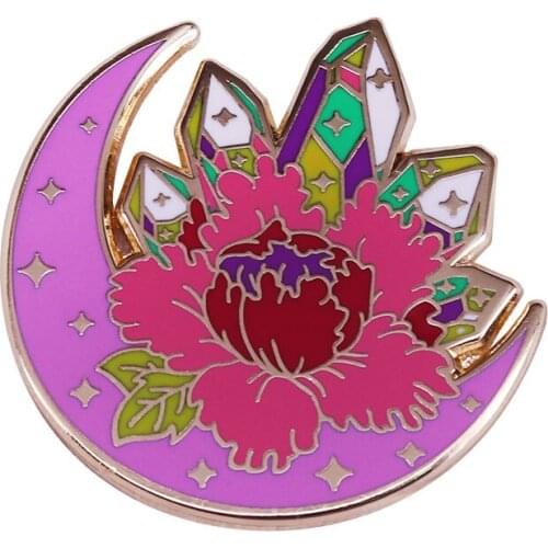 Crystal quartz enamel pin moon magic flower brooch