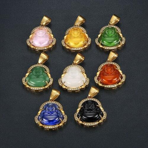 Stainless Steel Chain Buddha Necklace for Women Punk Men Colorful Lampwork Glass Stone Pendulum Maitreya Buddha Necklace Healing