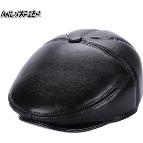 B-7142 New Sheepskin Visor Hat Mens Genuine Leather Cap Male Winter Warm Hat Father Peaked Cap Visor Hats New Year Gift