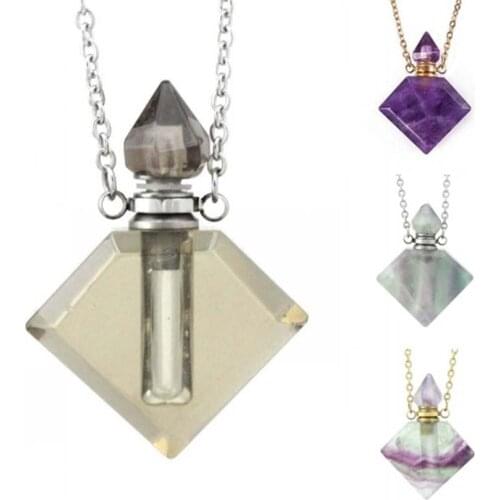 KFT Natural Gems Healing Crystal Quartz Stone Perfume Bottle Necklace Essential Oil Diffuser Pendant Jewelry For Wome Men