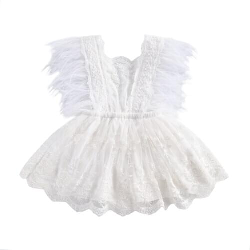 0-24 Months Baby Girl Romper Mesh Dress Princess Feather Fly Sleeve Lace Flouncing Hem Floral Embroidery Layered White Dress