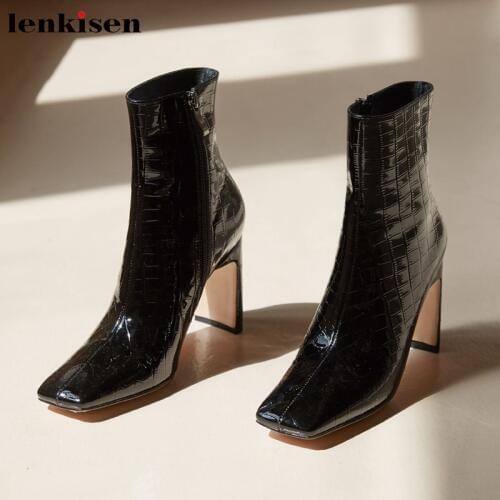 Lenkisen genuine leather fashion super high heels square toe solid streetwear european sexy winter mature warm ankle boots L20