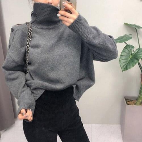 Korean Fall And Winter Fashion Chic Turtleneck Side Opening Button Loose Sweater Gray Casual Long sleeve Knit Pullover