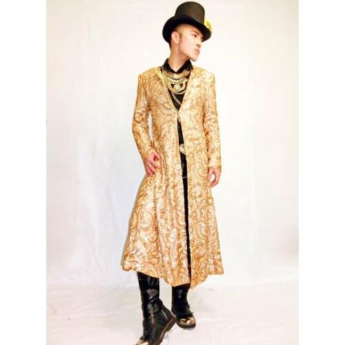Personality Mens Champagne Gold Totem Embroidery Long Umbrella Jacket Nightclub Male Singer DJ show performance outwear