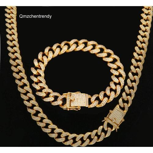12MM Men Cuban Miami Link Chain Necklace Bracelet Full CZ Dragon Clasp Lock Hip hop Bling Men CZ Chain Jewelry Sets