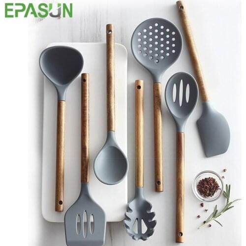 EPASUN 7pcs Kitchen Cooking Utensil Sets Non-stick Silicone Cookware Spatula Set Wooden Handle Turner Spoon Soup Ladle Shovel