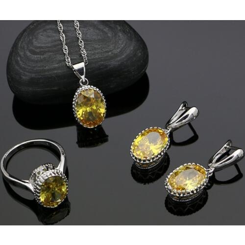 Golden Yellow Crystal White Zircon Created 925 Sterling Silver Jewelry Sets For Women Earrings/Rings/Pendant/Necklace Free Box
