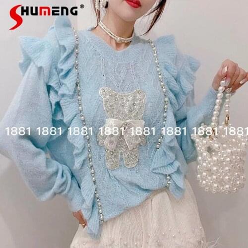 2021 Autumn New Female Korean Style Sweet Beads Sequined Bear Pullover Knitwear Womens Fashion Solid Ruffles Patchwork Sweater