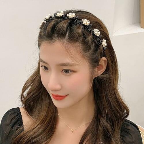 2021 Crystal Imitation Pearl HairBand Braided Headwear Sweet Bangs Fixed Headband For Women Hair Clip Hair Accessories Jewelry