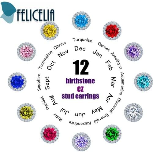 Felicelia Silver Color Fashion Women Girls Stud Earrings Cubic Zirconia Crystal Birthstone Earrings Jewelry Birthday Gift