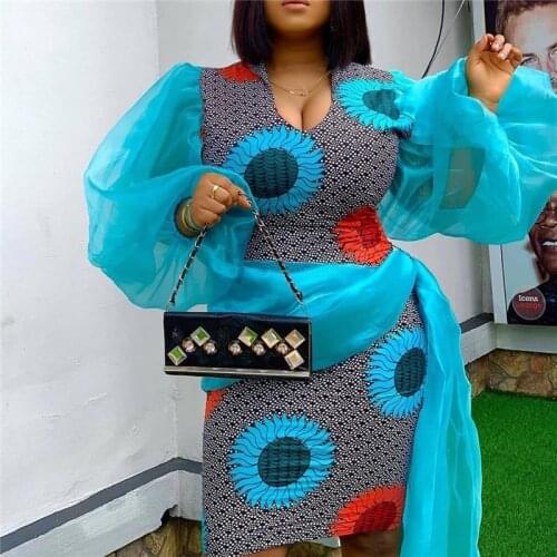 Blue Summer Women See Through Dresses Organza V Neck Sexy Tulle Long Lantern Sleeve for Nightclub Evening Party Dress Plus Size