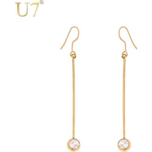 U7 Simple Long Earrings 78mm Women Jewelry Gift Gold/Silver Color Rhinestone Crystal Drop Earrings Wholesale E773