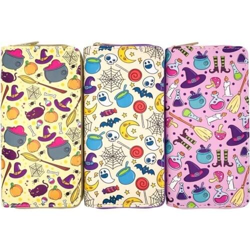 W761 KANDRA Cartoon Halloween Long Wallets Spider Web Ghost PU Leather Women Girl Purse Credit Card Holder Phone Bag Wholesale