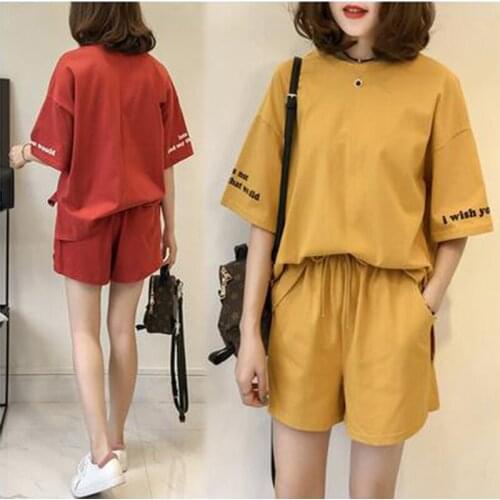 New Tracksuit Women Casual Two Piece Set 2019 Summer Short Sleeve Female Plus Size Letter Print O-neck Tops High Waist Shorts