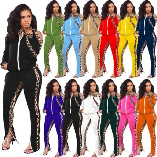 Fitness Women Tracksuit Leopard Two Piece Sets Casual Color Patchwork Full Sleeve Jacket Joggers Sweatpants Outfit Autumn Suit
