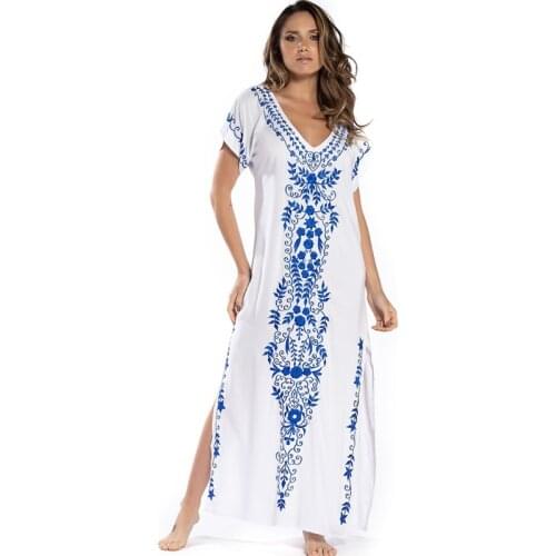 Oversize black Embroidery V-neck Short Sleeve Summer Beach Long Dress Plus Size Tunic Women Beachwear Batwing