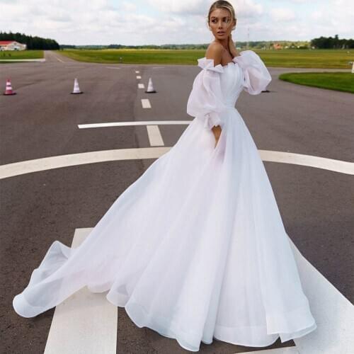 2021 Spring Strapless Removable Long Puffy Sleeve Tulle A-Line Boho Wedding Dress Bridal Gown Vestido De Novia